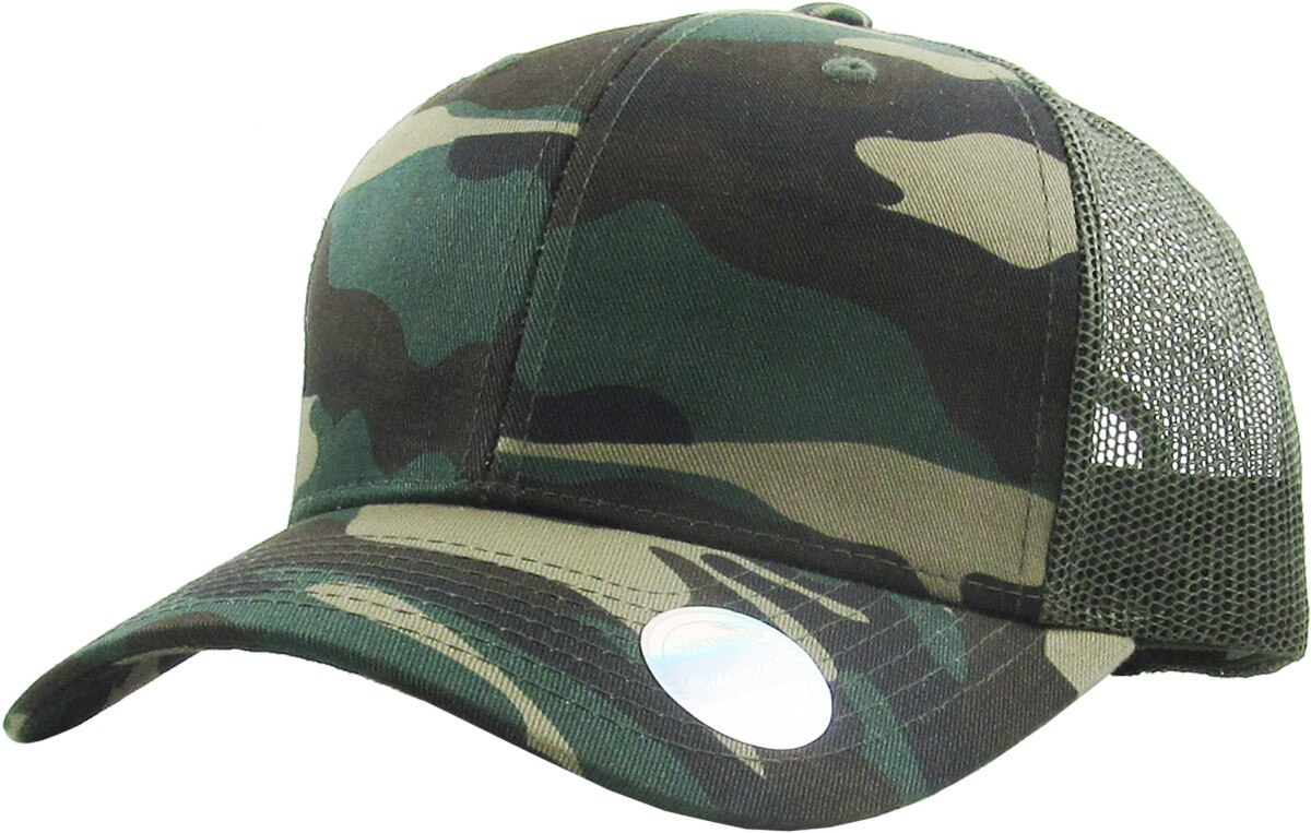 Camouflage Olive Classic 6 Panel Trucker Mesh Snapback Front Side View